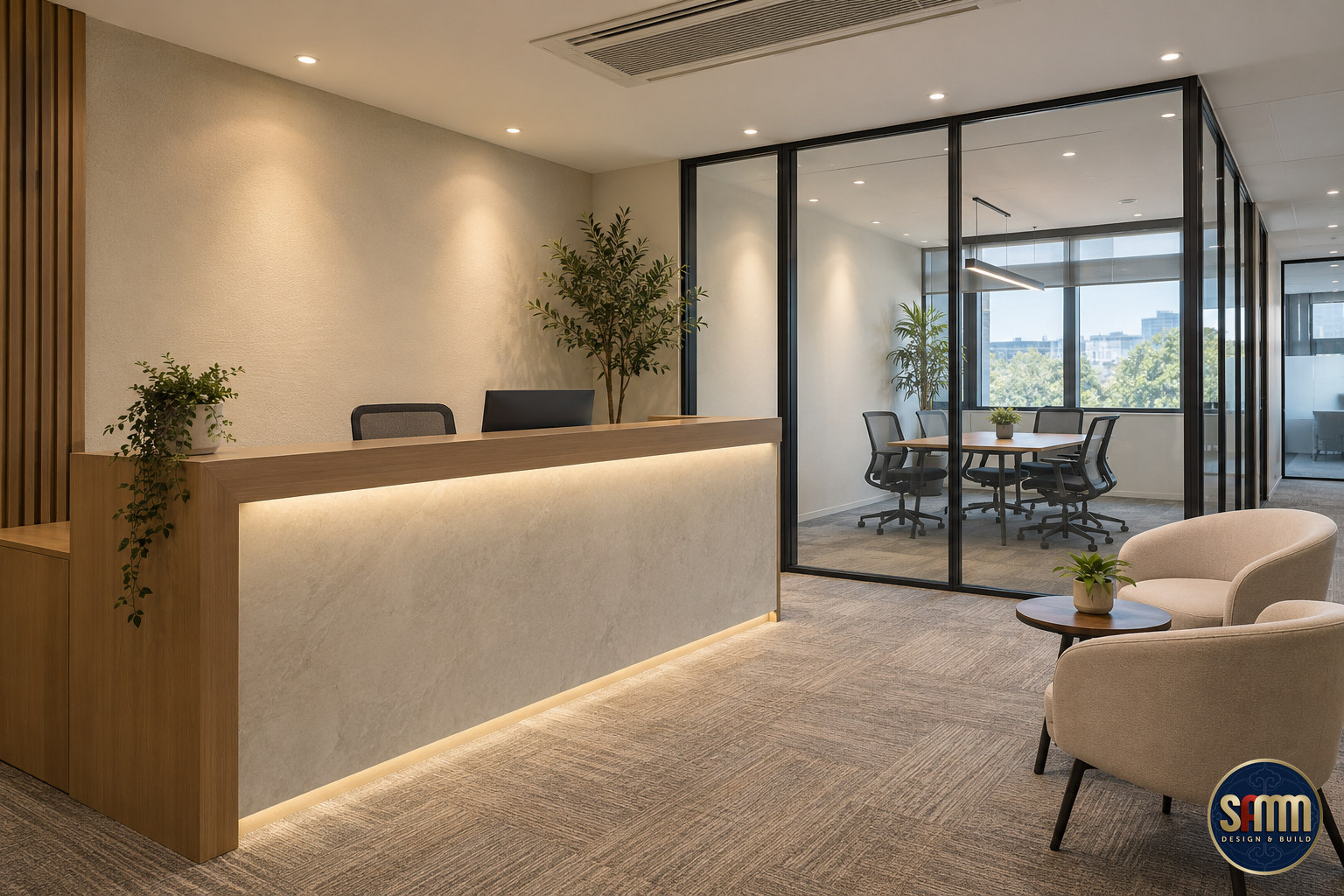 Office reception with a reception counter, seating and glazed meeting spaces.